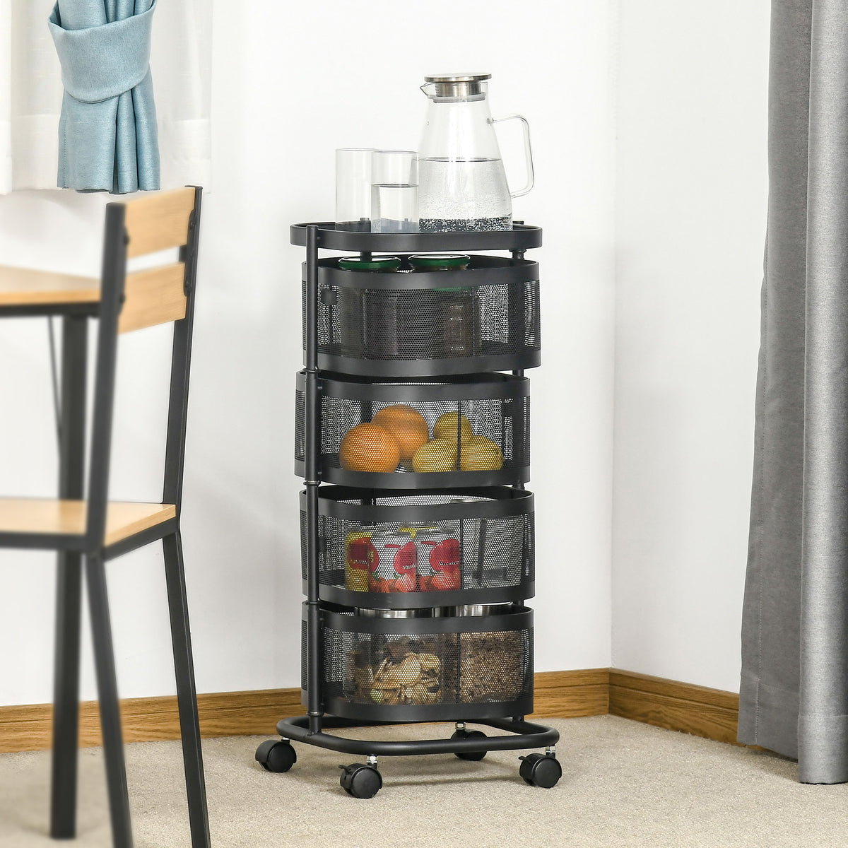 HOMCOM Metal Storage Cart With Top Tray And 4 Mesh Baskets, Black