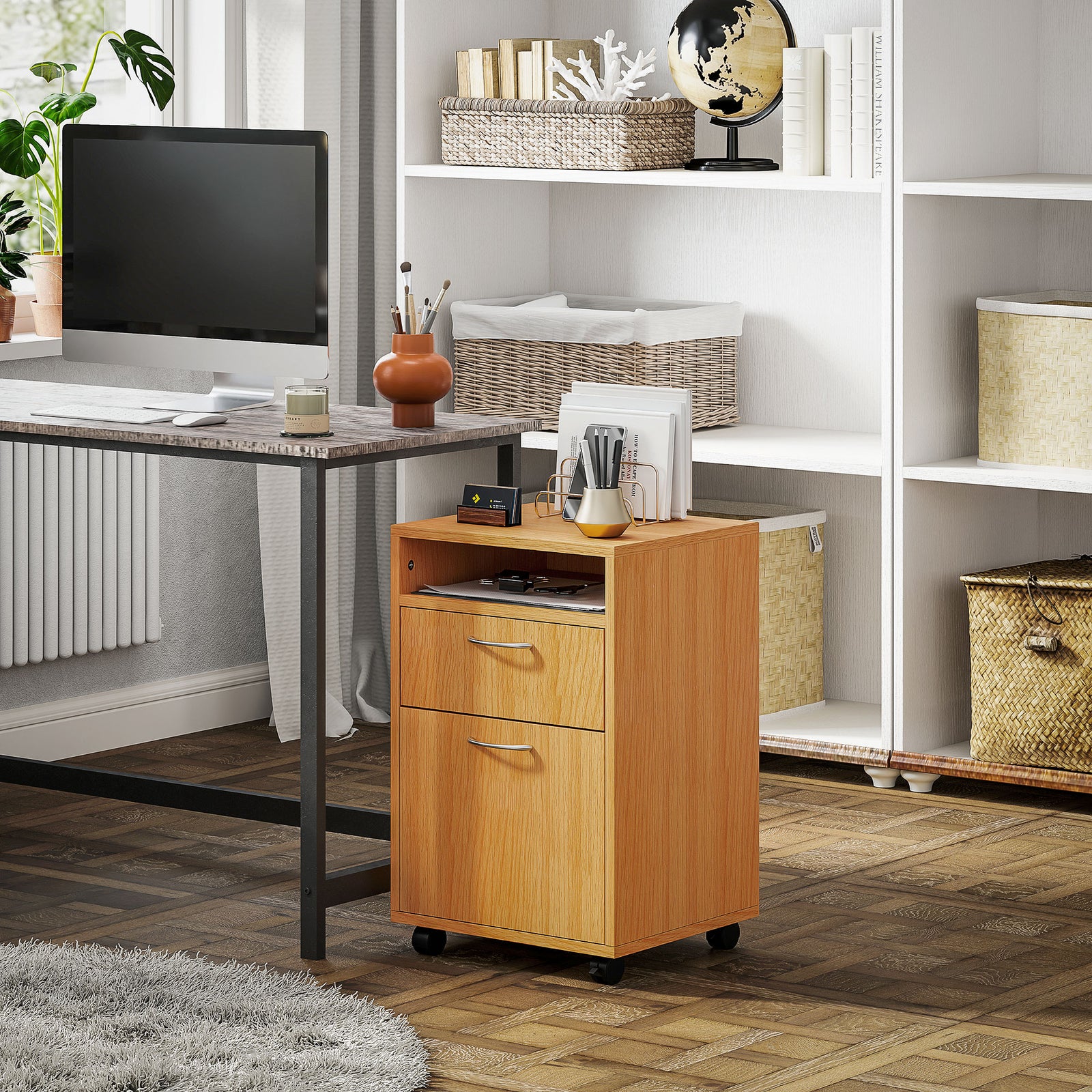 60cm Filing Cabinet With Drawers And Open Shelf | null | Natural