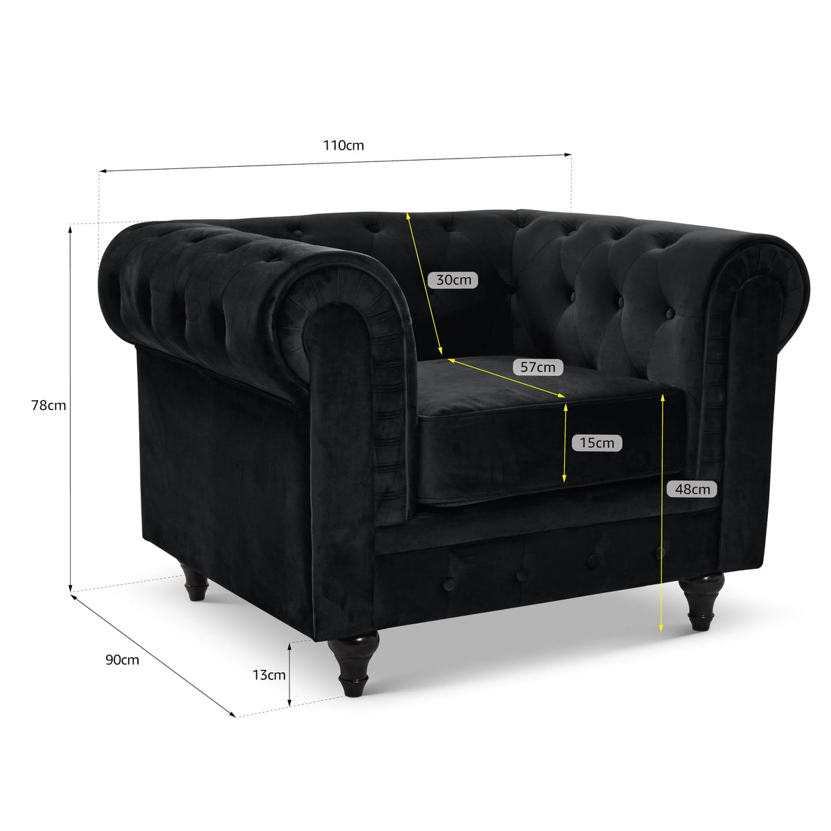 Chesterfield Scroll Arm Velvet Sofa 1 Seater | Black