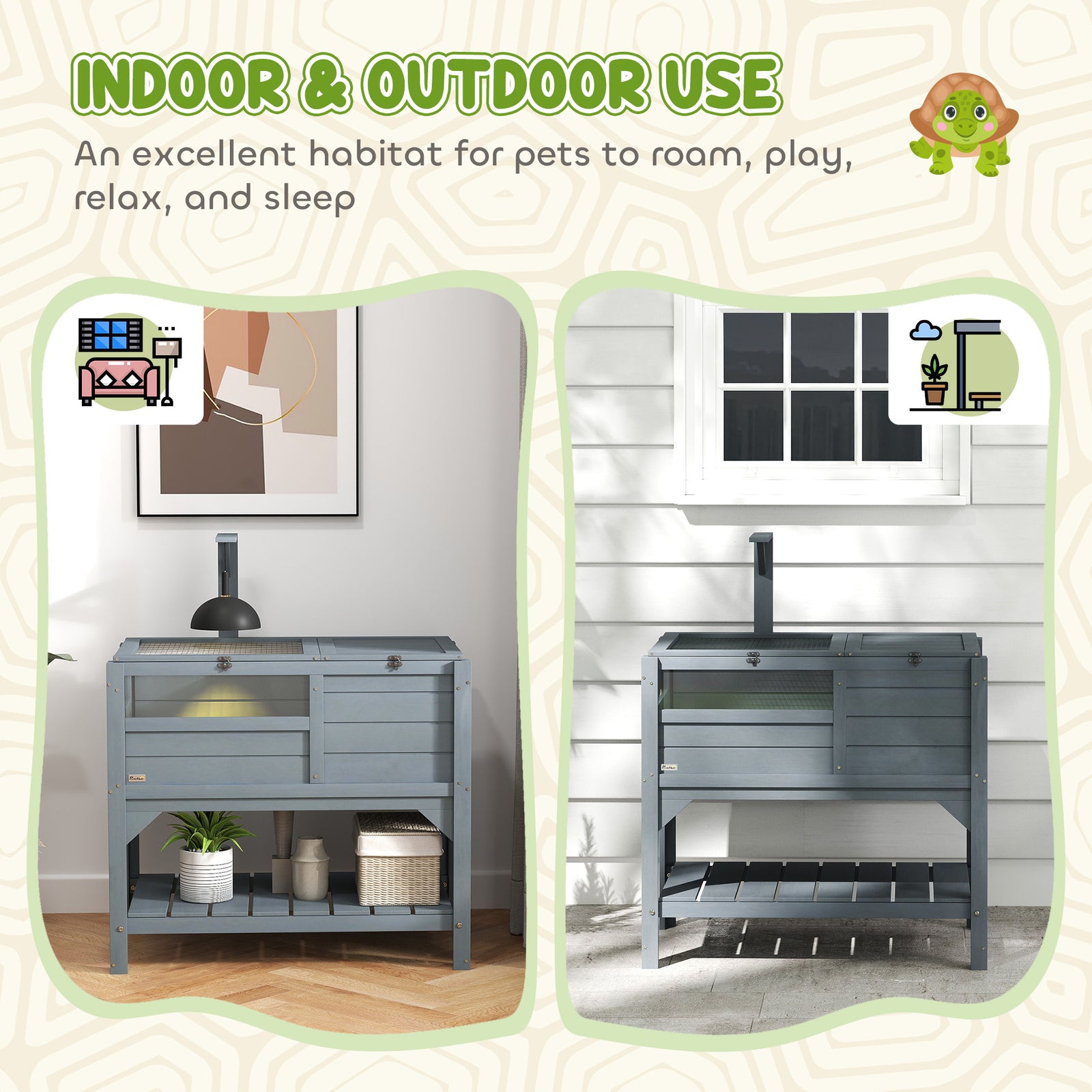 Wooden Tortoise House W/ Run, Shelter, Shelf, Lamp Holder