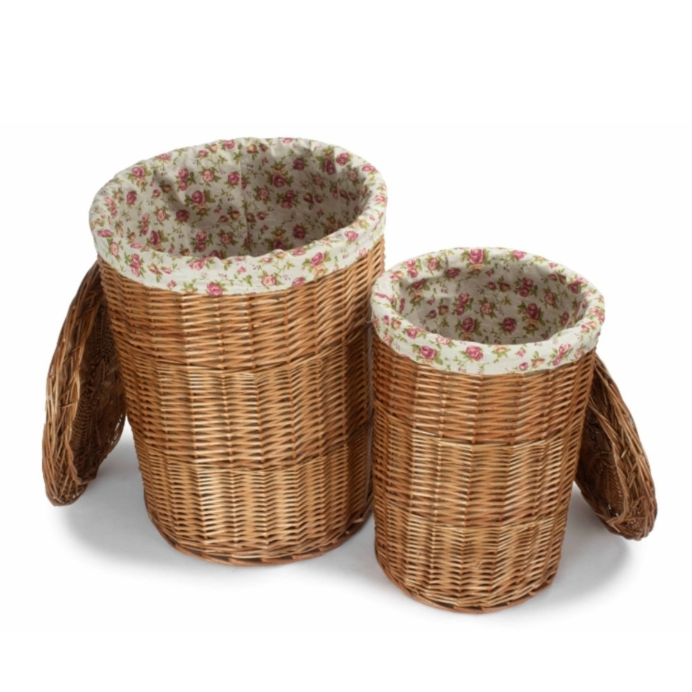 Garden Rose Cotton Lined Light Steamed Round Laundry Baskets | Set of 2 | Pink