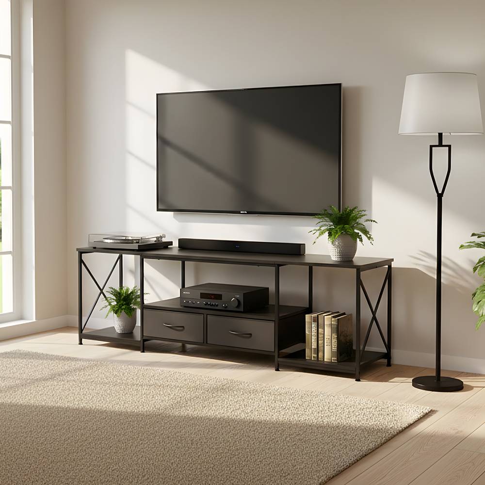 Modern Tv Stand With Fabric Drawers, Spacious Storage Entertainment Center | Black