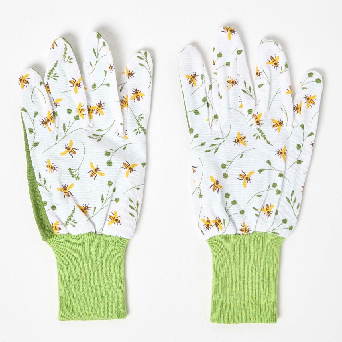 Green And White Gardening Gloves With Floral Bee Design