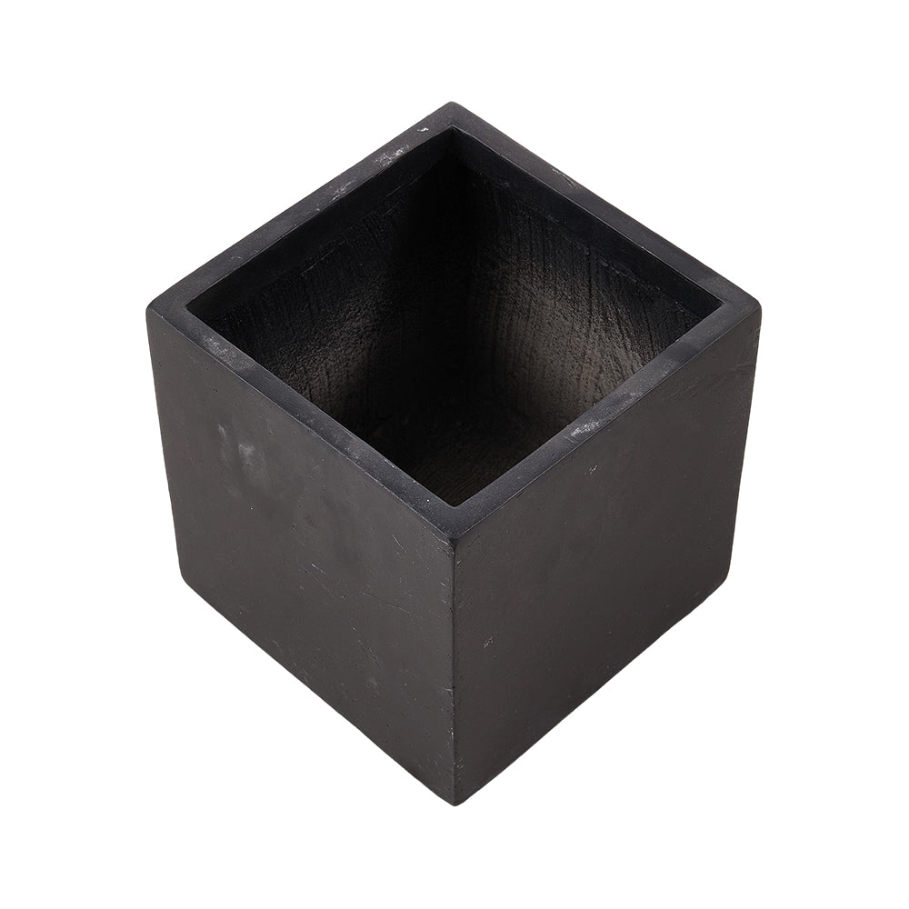 Cube Shaped Cement Planter Flower Pot With Drainage Holes | Large | Black