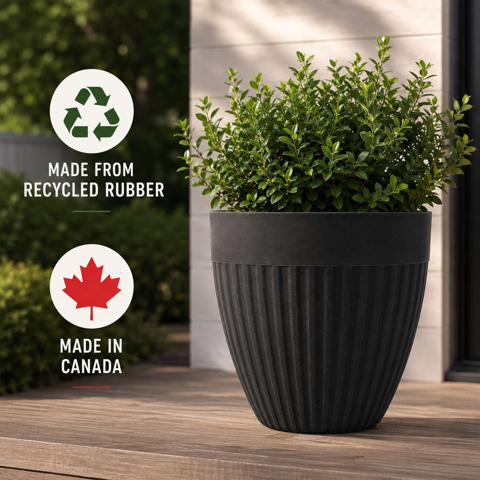 36cm Tall Round Ribbed Effect Black Rubber Planters - Indoor Outdoor Planter | Set-of-1