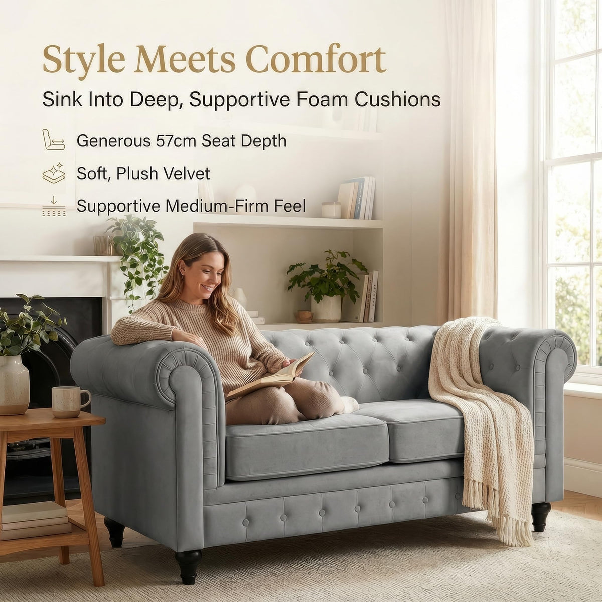 Chesterfield Scroll Arm Velvet Sofa 2 Seater | Grey