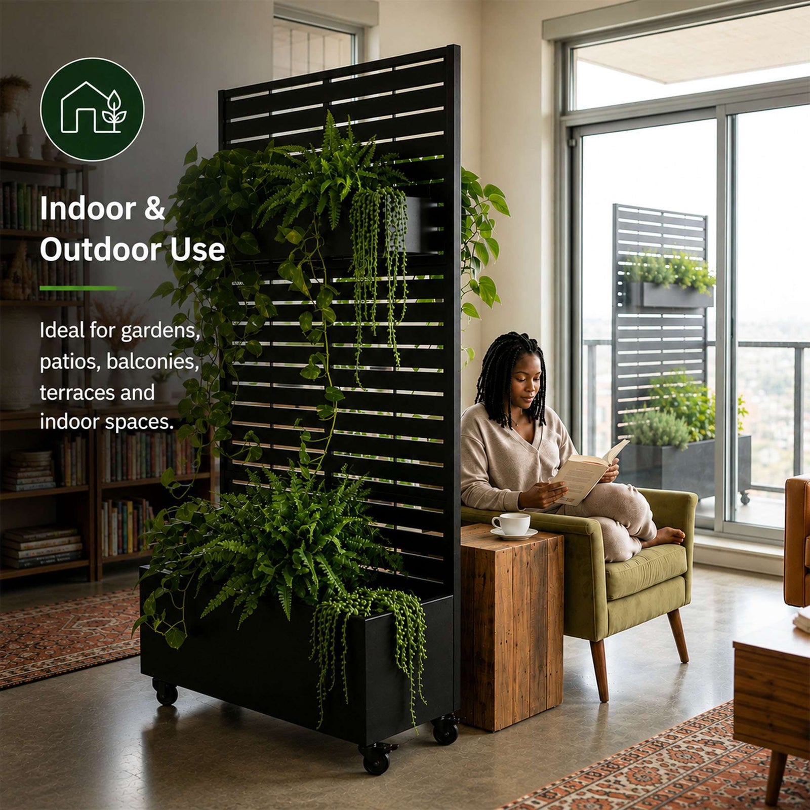 Metal Privacy Screen With Plant Pot - Slat | Black