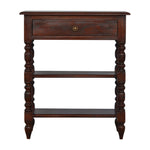 Solid Wood Turned Occasional Table, 1 Drawer and 2 Open Shelves, Dark Brown