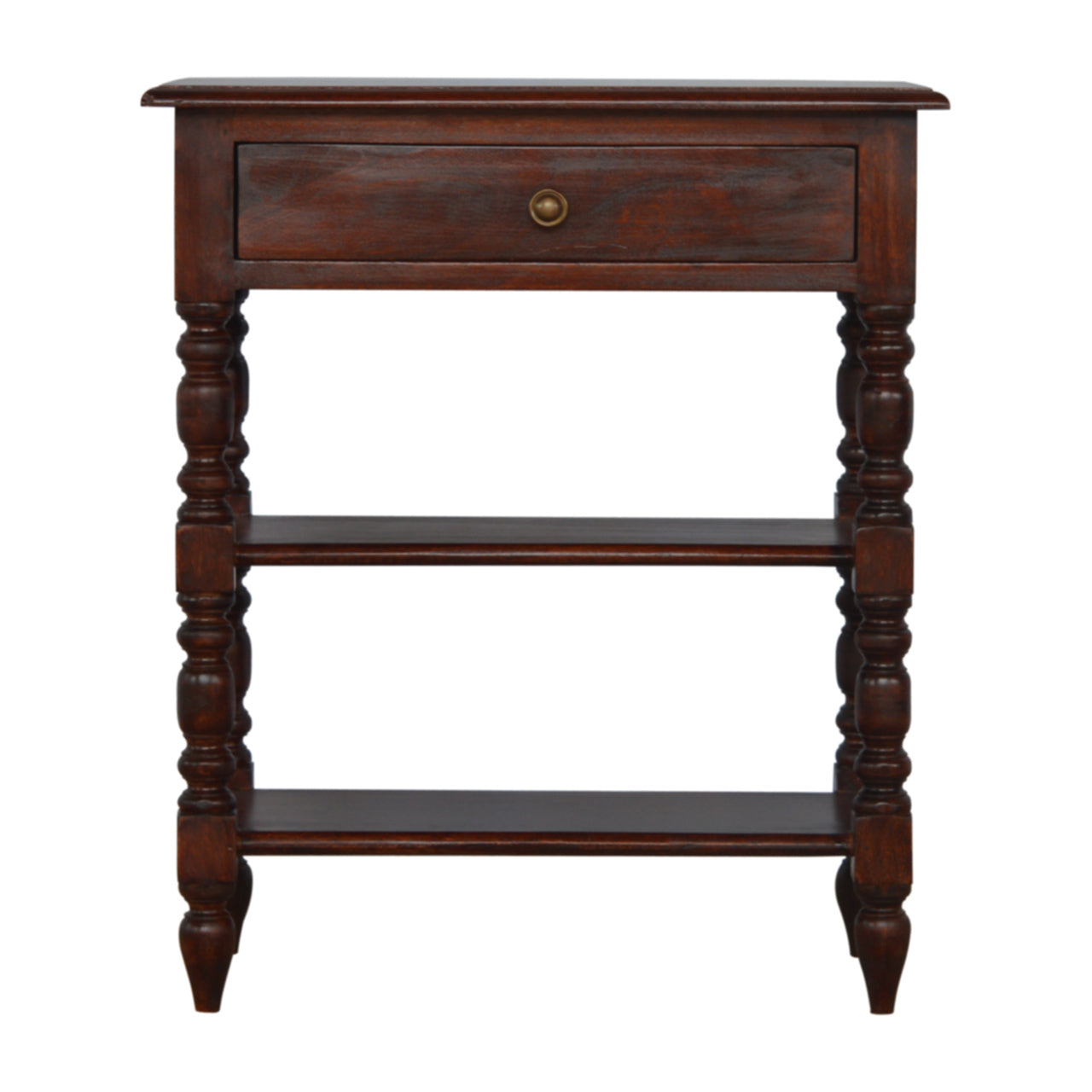 Solid Wood Turned Occasional Table, 1 Drawer and 2 Open Shelves, Dark Brown