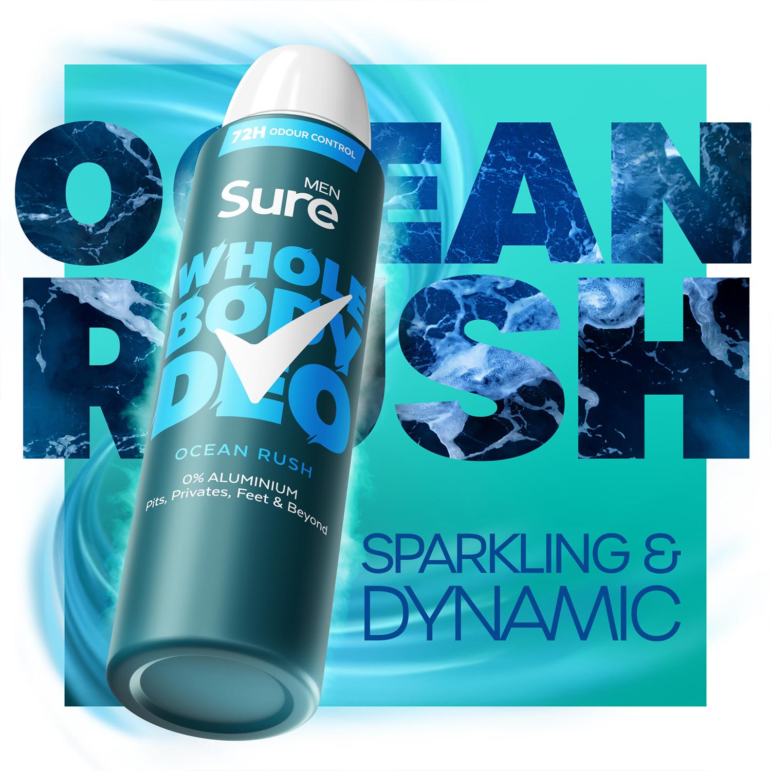 Men Whole Body Deodorant Spray Ocean Rush W/ 72h Odour Control 150ml, 3pk