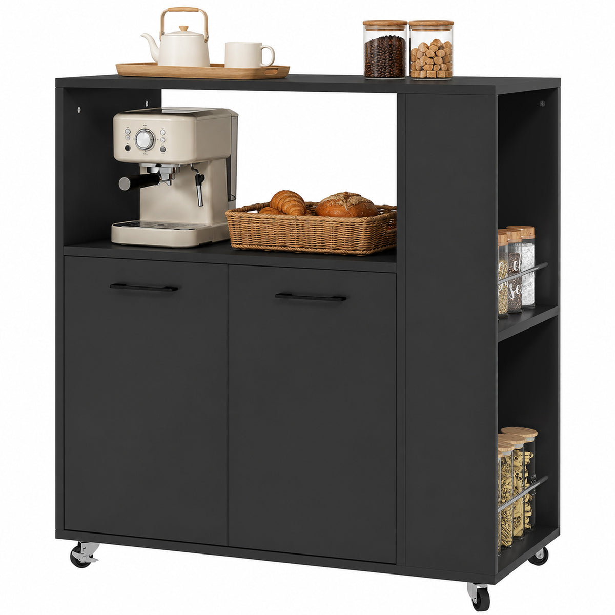 HOMCOM Kitchen Island On Wheels With 2-door Cabinet And Spice Rack, Black