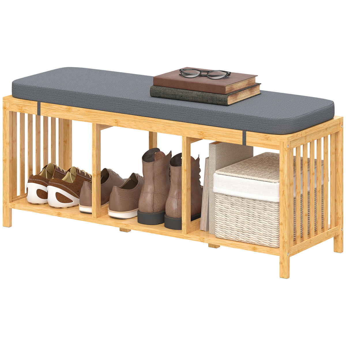 HOMCOM Shoe Rack With Seat, Bamboo Storage Bench, Natural Wood Finish