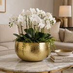 Large Metal Planter Bowl 32 X 20cm Hammered Gold Colour - Curvy Edge