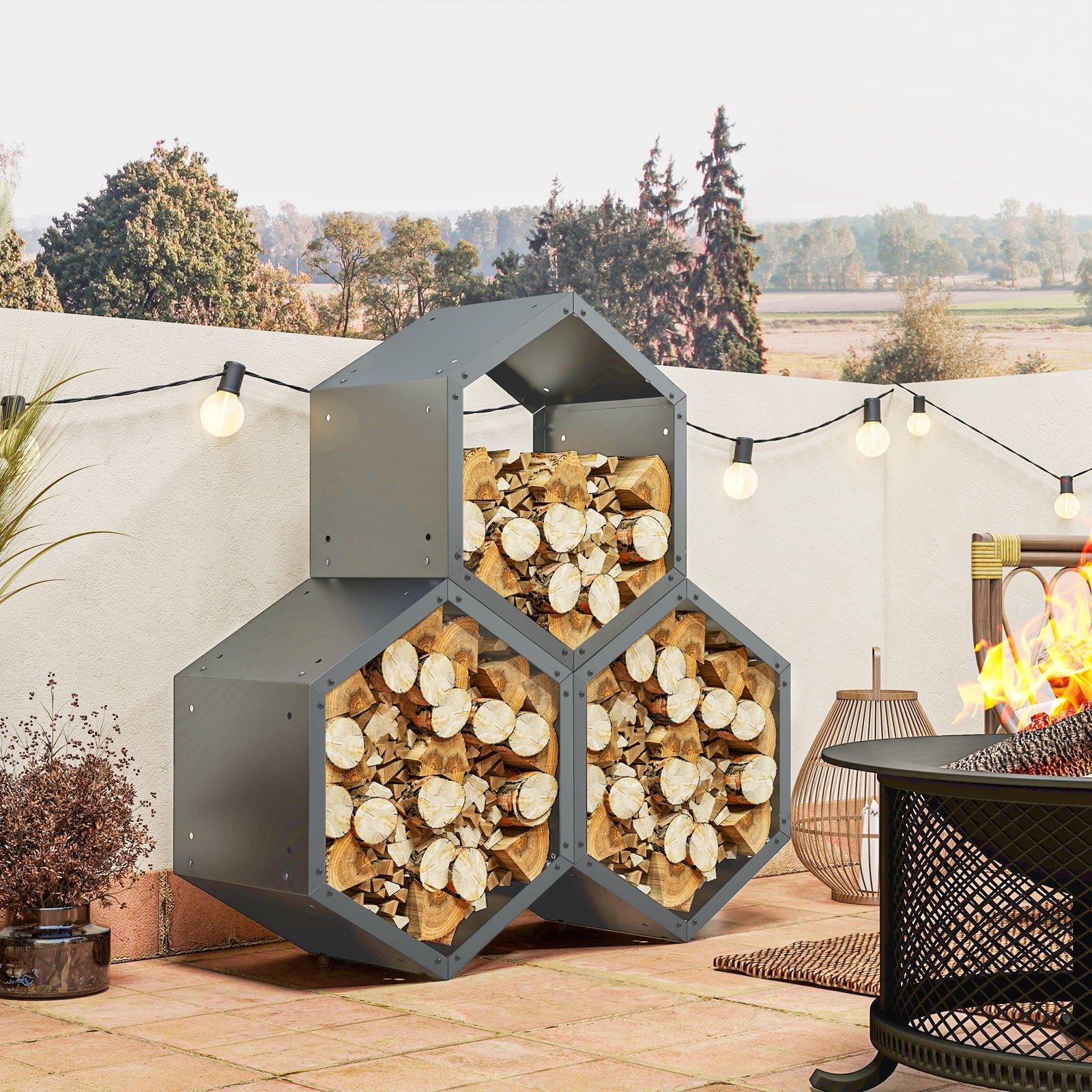 Steel Firewood Log Rack Fireplace Log Holder | Gray