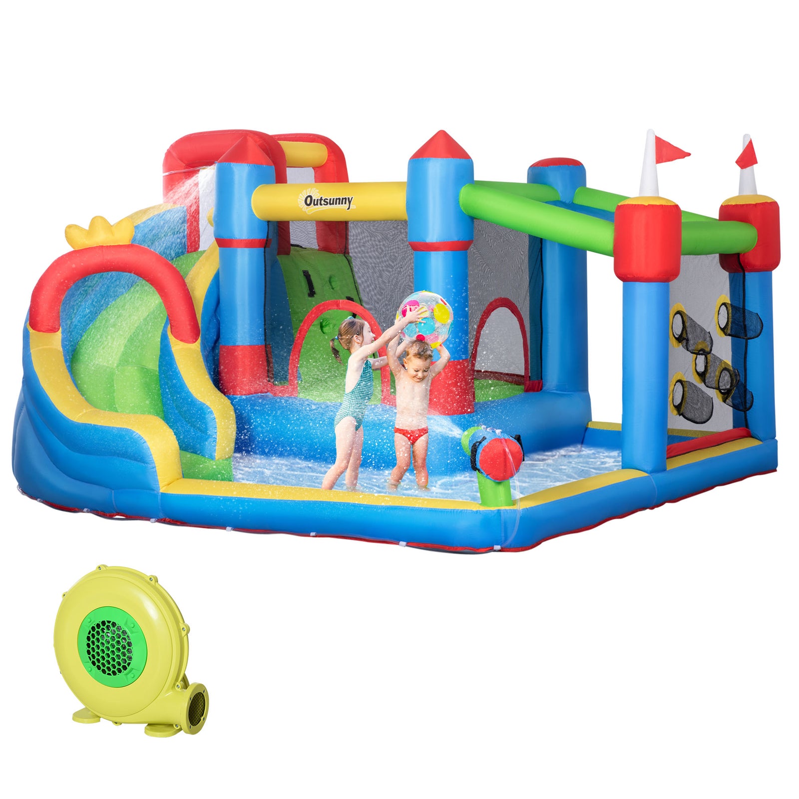 Kids Inflatable Bouncy Castle 6 In 1 Water Slide Water Gun Air Blower