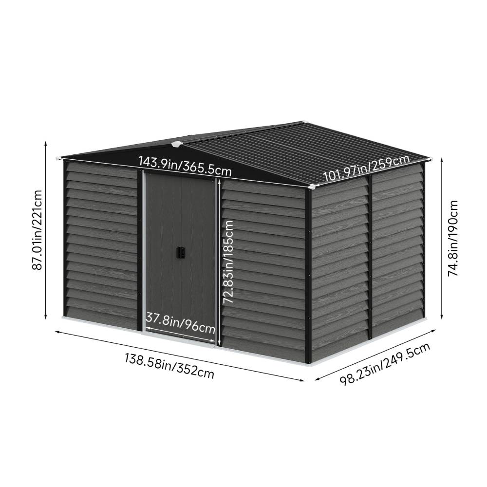 12 X 8ft Metal Storage Shed With Foundation, Double Sliding Doors & Vents, Weatherproof Outdoor Tool Shed For Garden Or Backyard