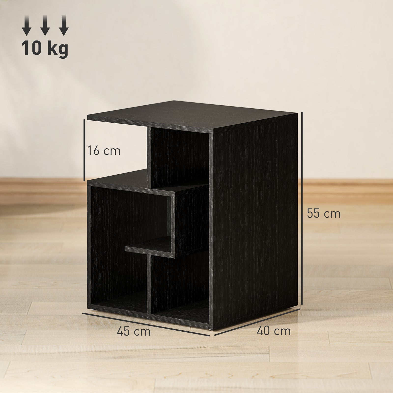 HOMCOM 3-tier Side End Table Open Shelves Storage Magazine Desk Black