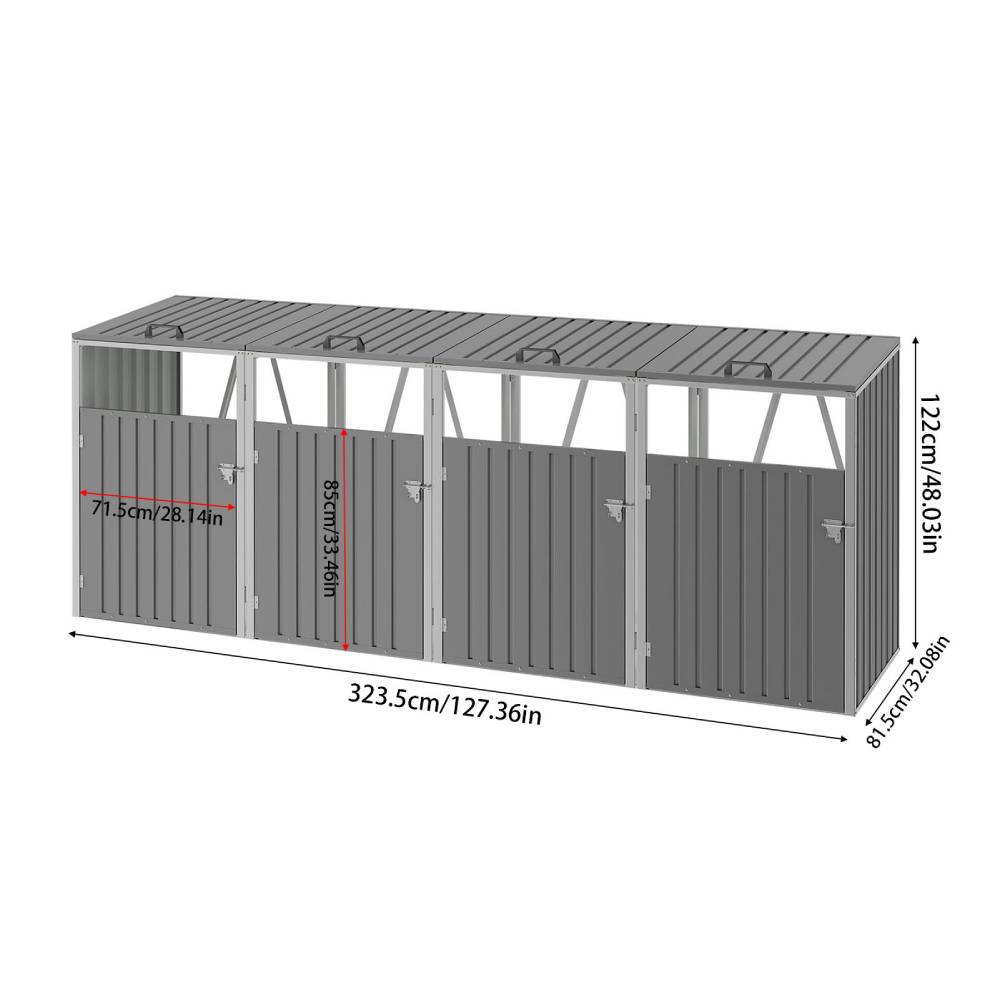 4 Bin Storage Shed – Heavy-duty Galvanized Steel Outdoor Bin Store With Lift-up Lids & Lockable Doors | Grey