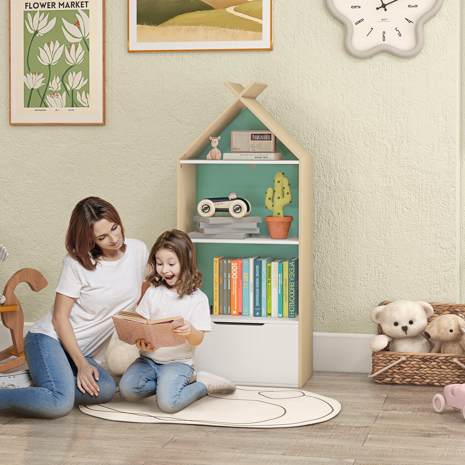 Kids Bookshelf With 3 Shelves, Drawer, Anti-tip Device, For Kids Room