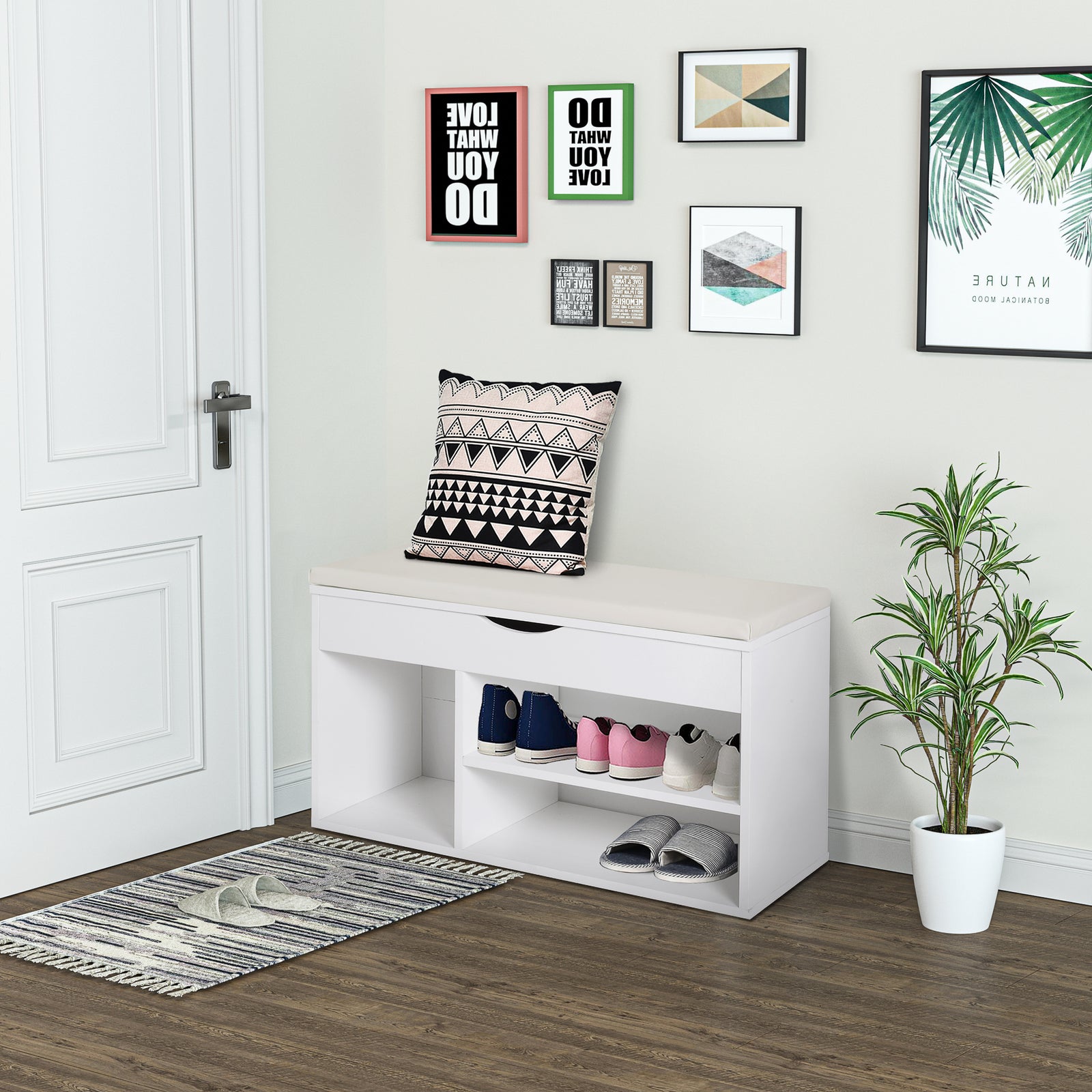 Wooden Shoes Cabinet Bench Hidden Storage Padded Seat