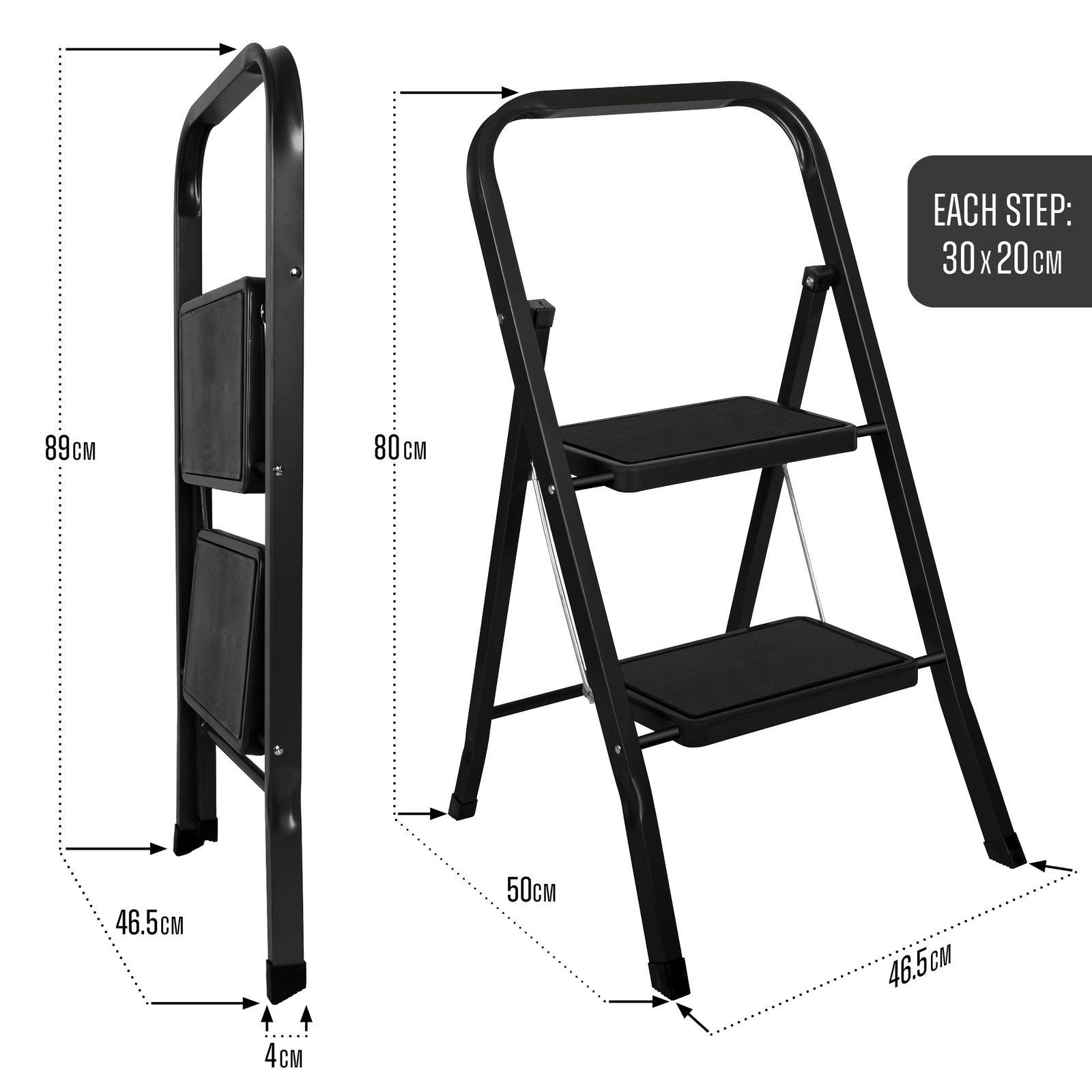 2 Step Ladder Black, Heavy-duty Steel Folding Home Diy Step Stool With Wide Non-slip Steps & Anti Slip Feet 150kg Capacity | 2 Step | Black
