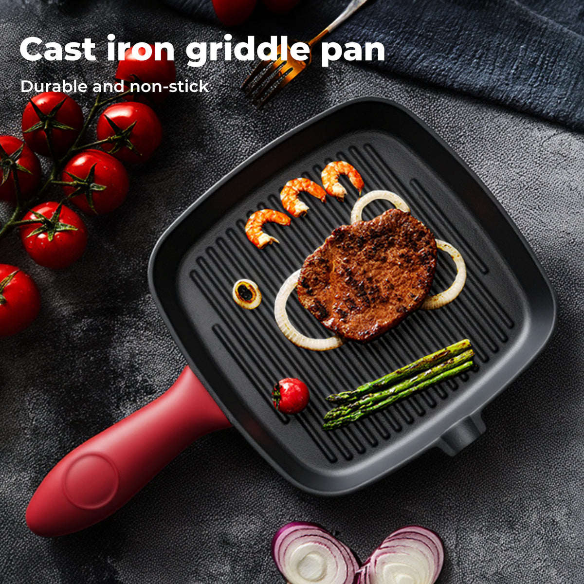 Cast Iron Griddle Grill Pan Square Skillet Bbq Non‑stick Frying Cookware | Red