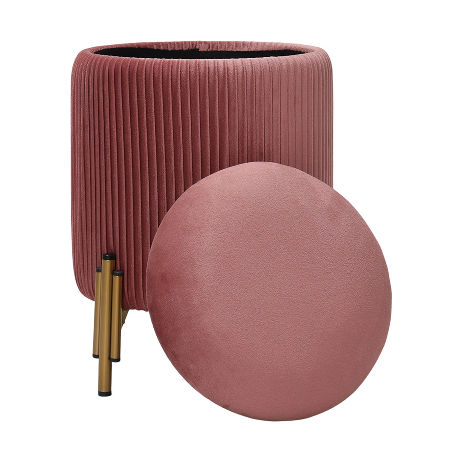 Modern Pleated Storage Ottoman With Metal Base | Dark Pink