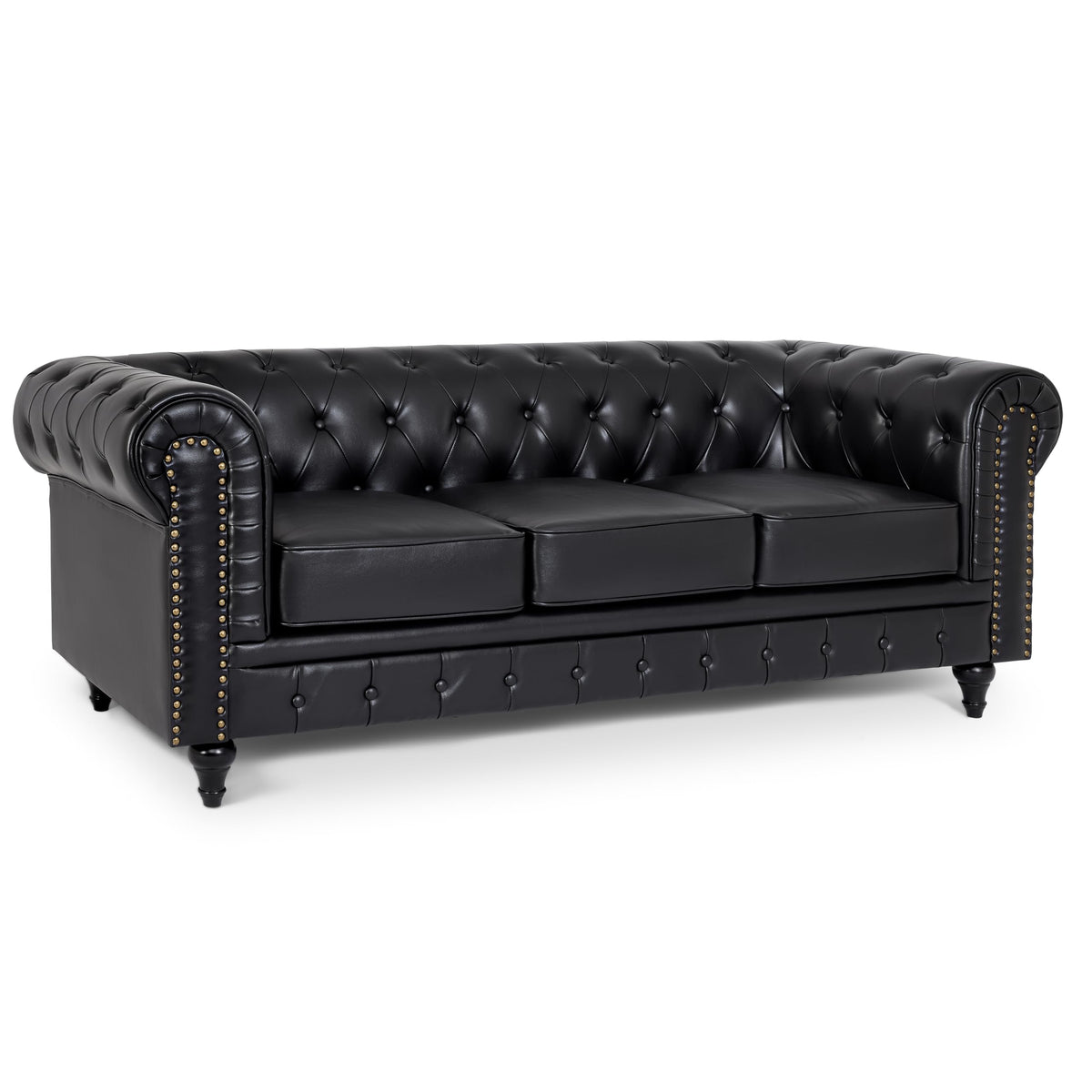 Chesterfield Scroll Arm Faux Leather Sofa 3 Seater | Black