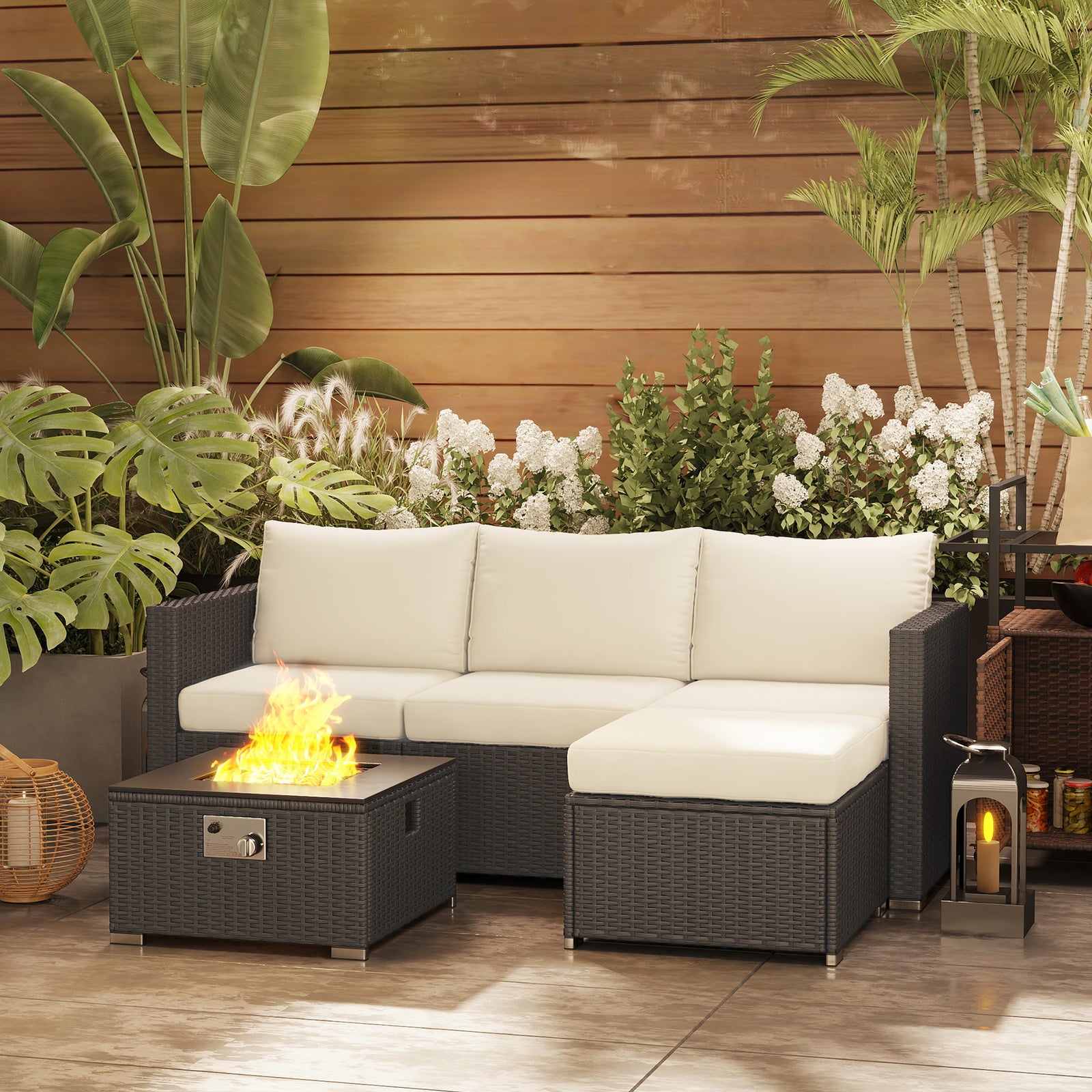 5 Piece Rattan Set With Gas Fire Pit | Black