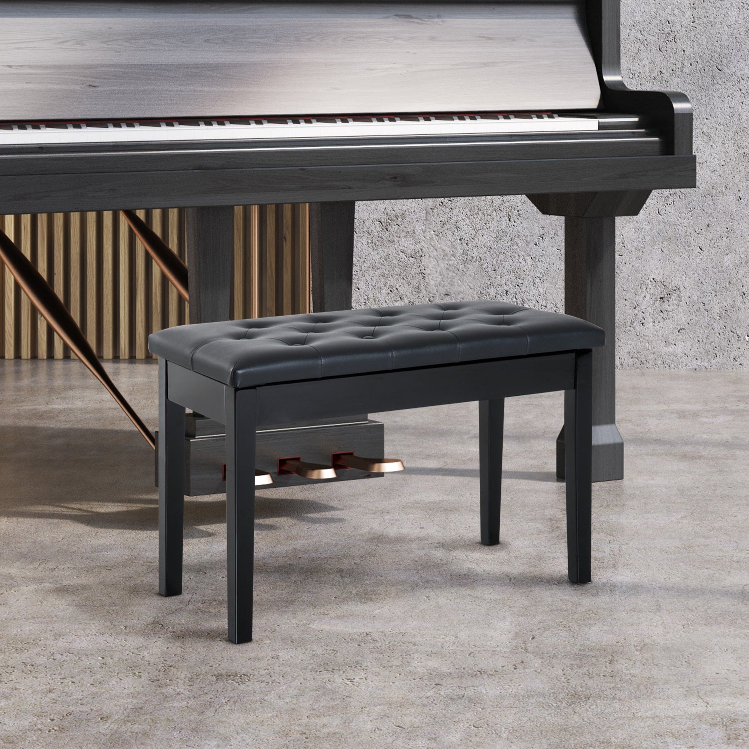 Classic Piano Bench Padded Seat Makeup Stool Solid Wood | One Size | Black