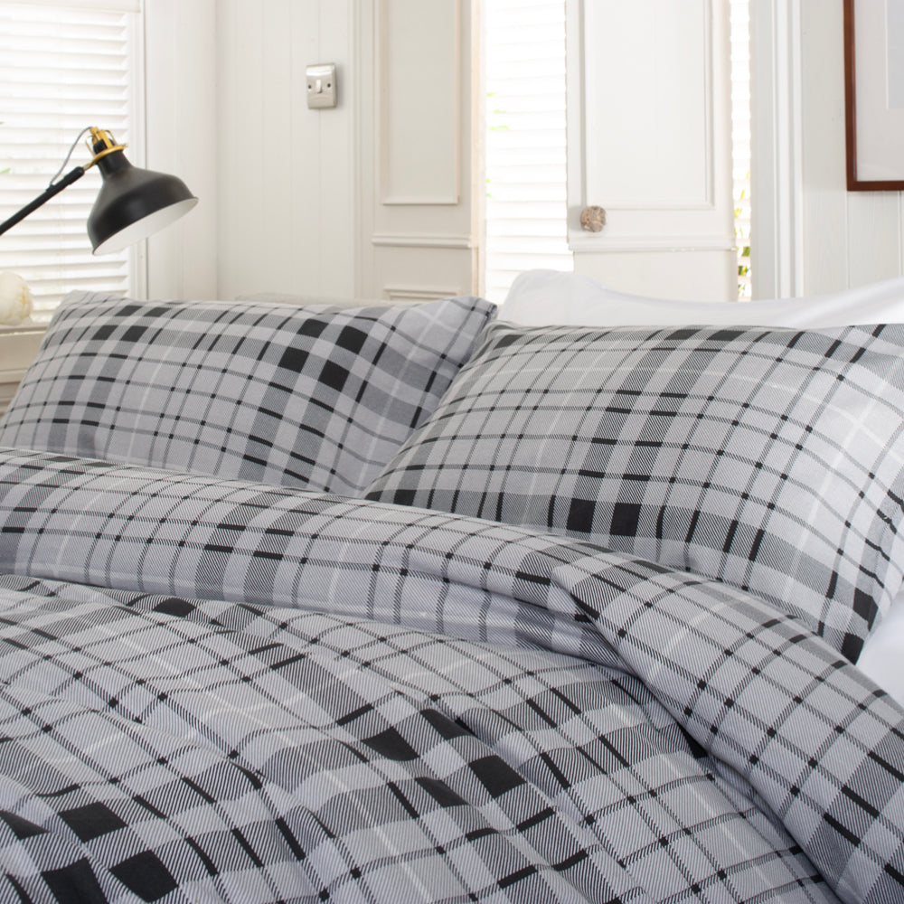 Buchanan Check Printed Brushed 100% Cotton Bedlinen Duvet Set | Double | Gray