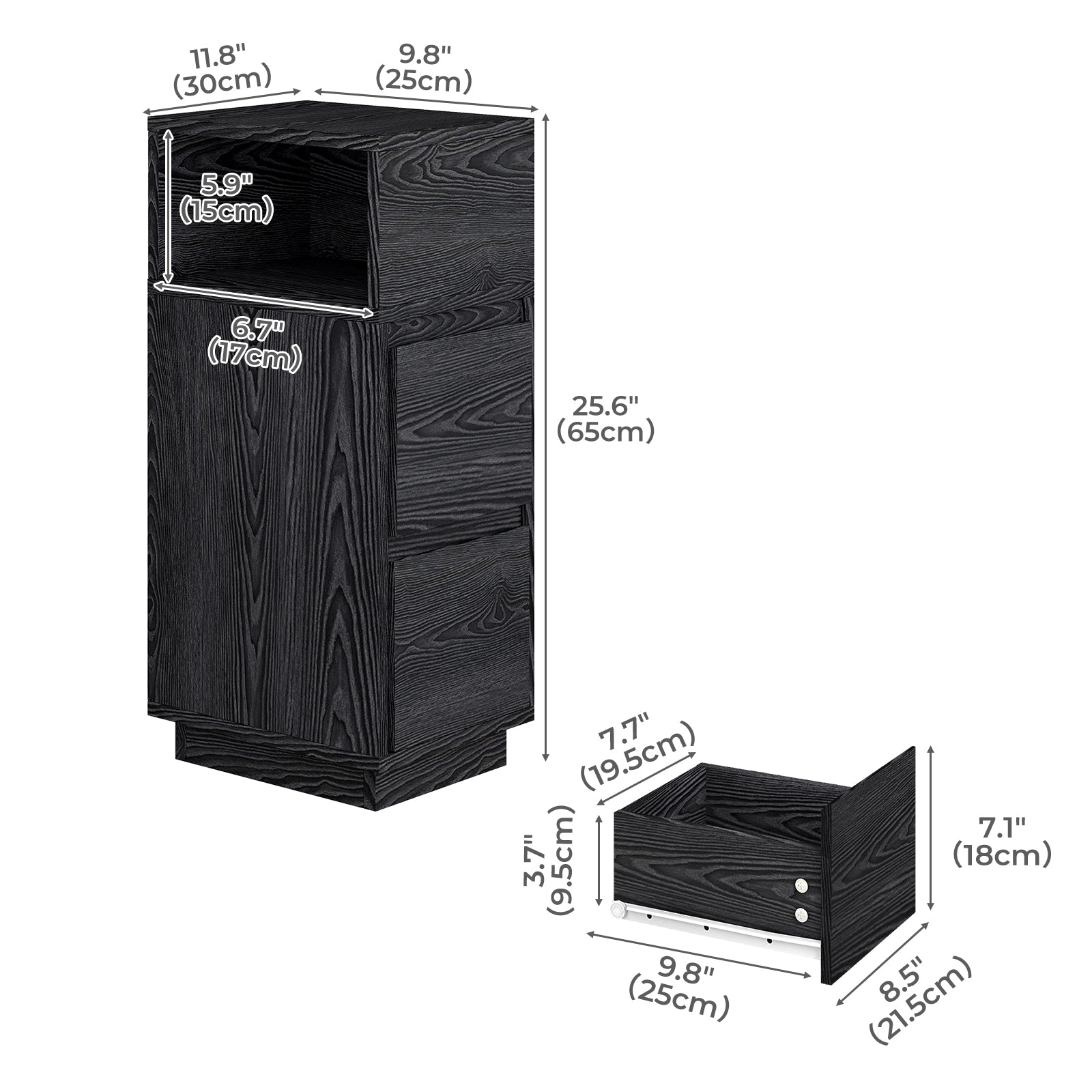 Slim Bedside Table Storage Nightstand With 2 Drawers & Open Shelf | Black