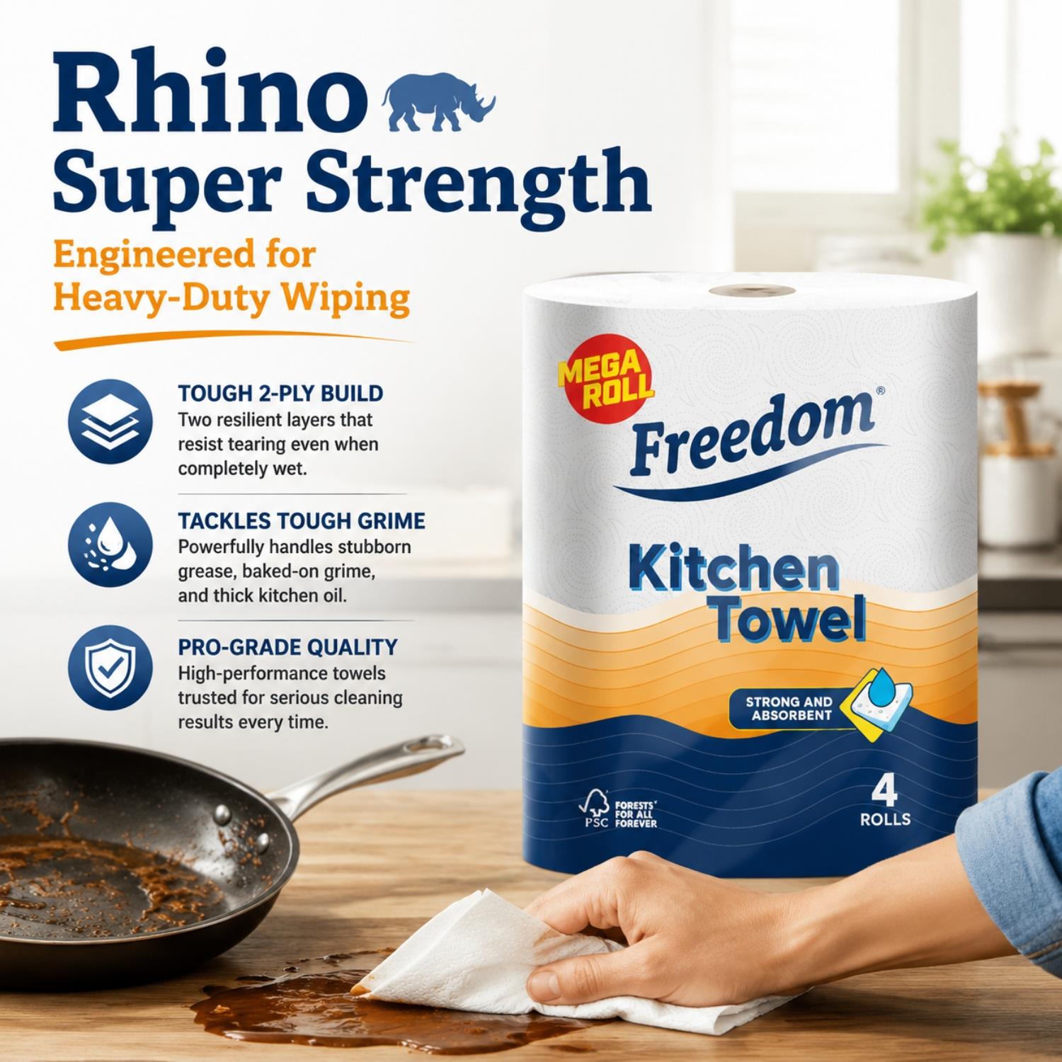 Freedom Soft White 3-ply 90 Rolls + Rhino Jumbo Kitchen Towels 24 Rolls
