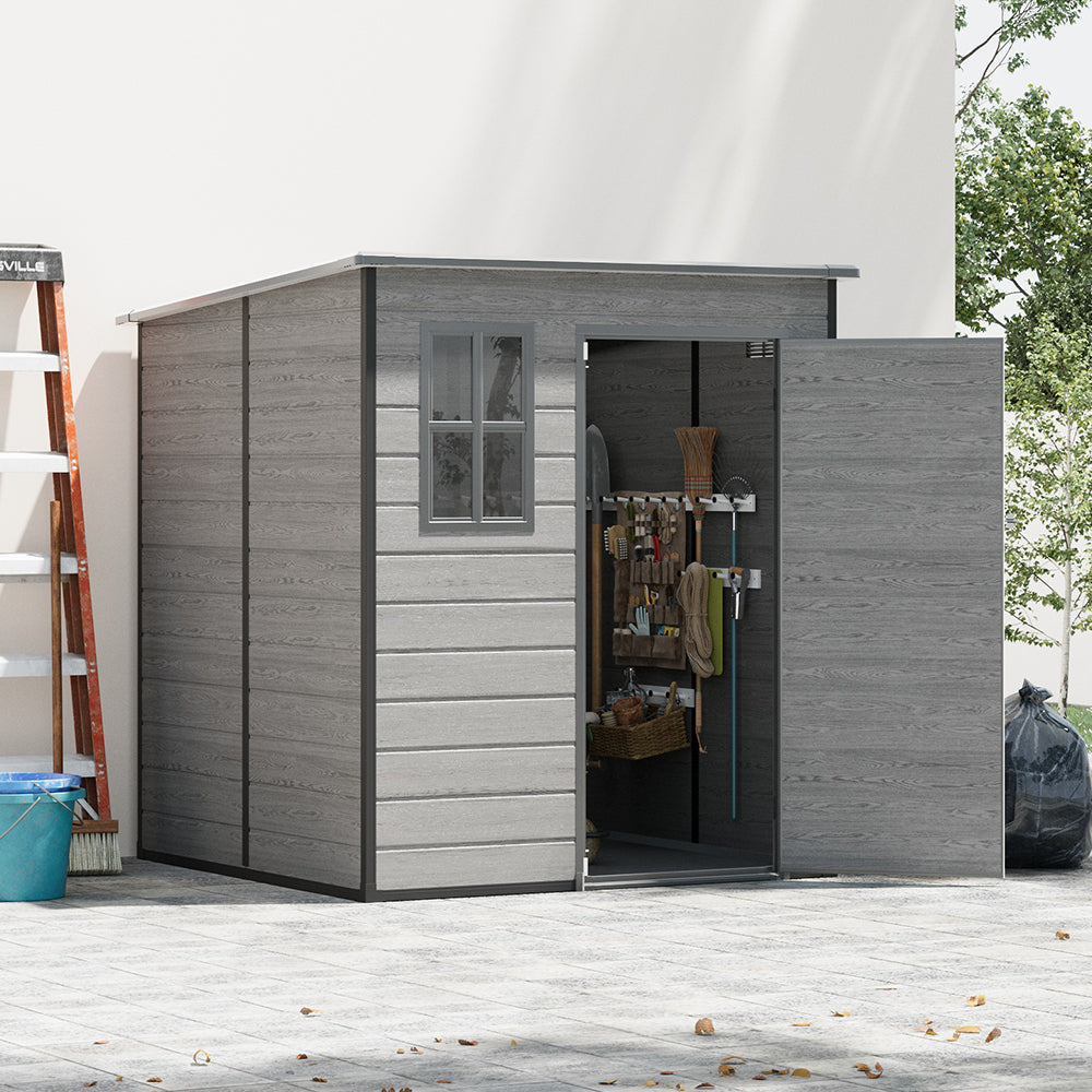6 X 6ft Outdoor Storage Shed With Pent Roof, Pp Plastic Garden Shed With Window & Vent,  Waterproof Uv-resistant Tool Storage In Dark Grey Woodgrain