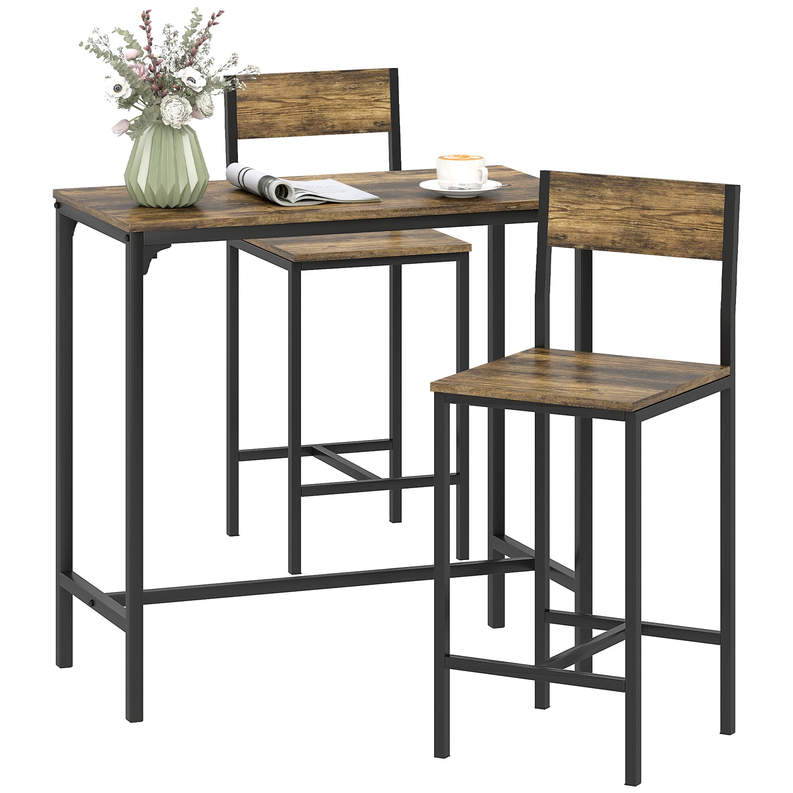 Bar Table And Stools Set, Kitchen Table And 2 Chairs With Backrest, Footrest | Rustic Brown