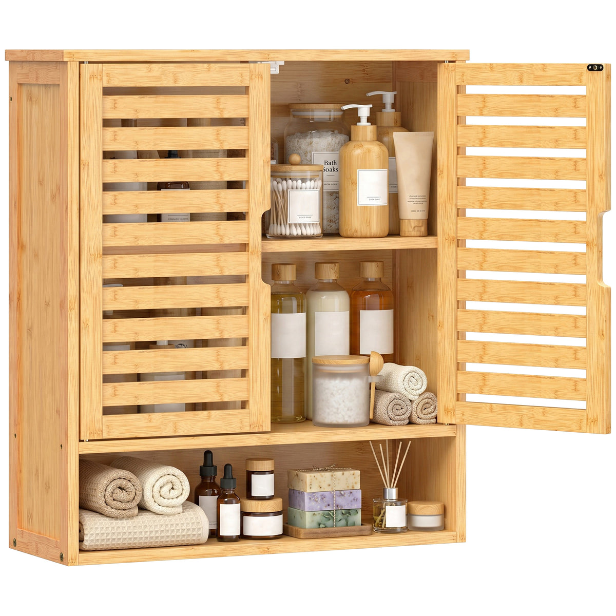 HOMCOM Wall Mounted Bathroom Cabinet With 2 Louvered Doors, Open Shelf