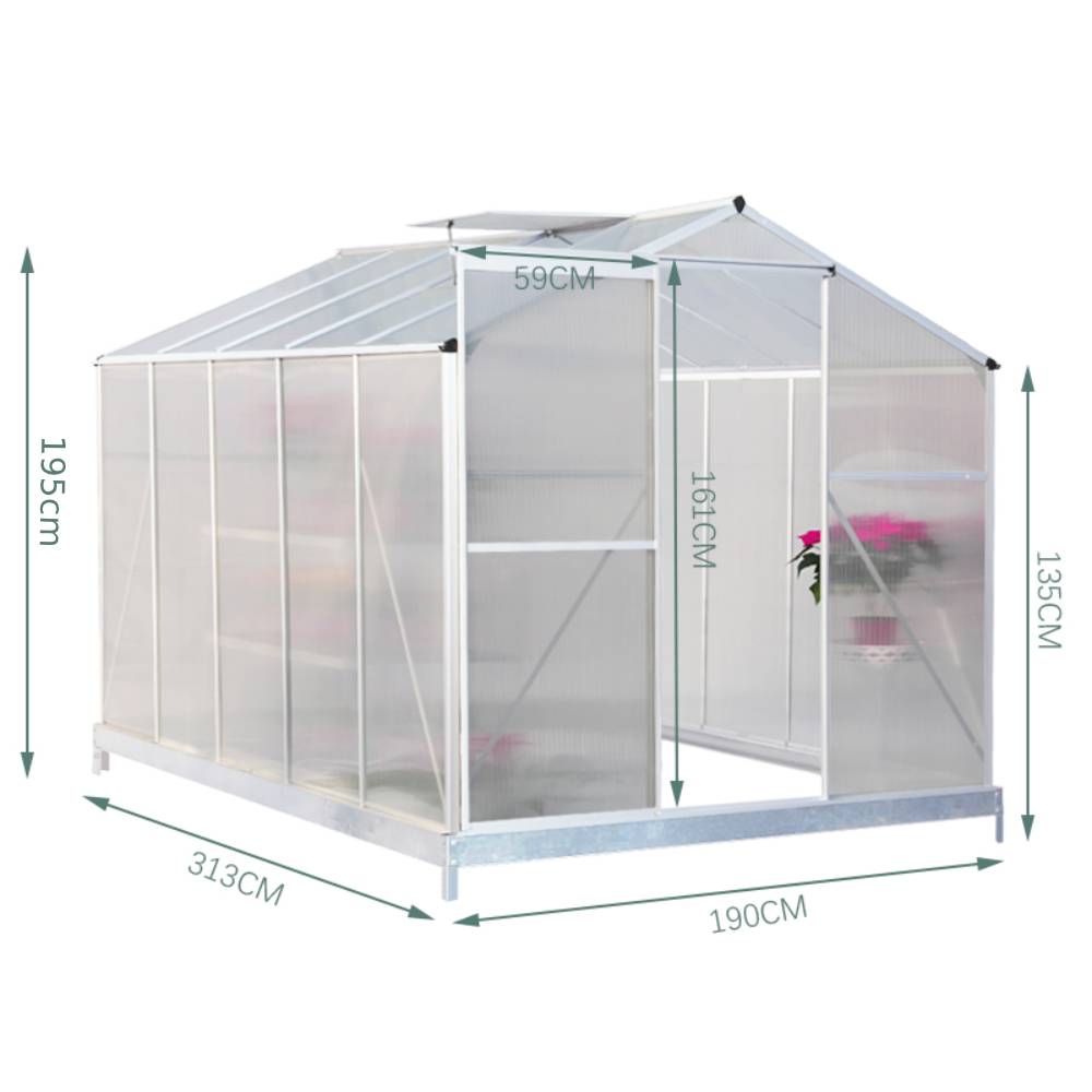Polycarbonate Greenhouse With Base – Aluminum Frame Walk-in Greenhouse With Sliding Door & 2 Ventilation Window For Plants & Flowers | 10 x 6ft | White