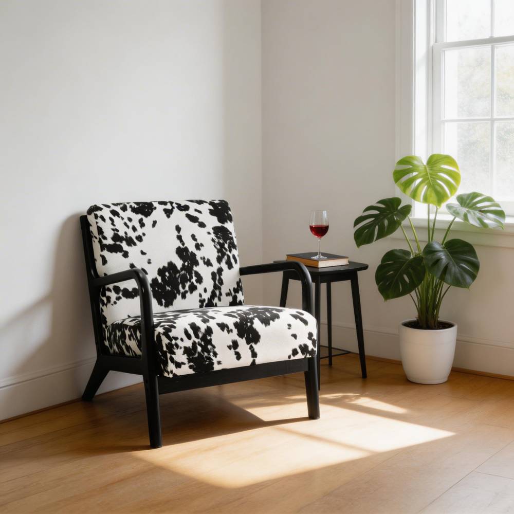 Cow Print Accent Armchair With Soft Fleece Upholstery, Modern Lounge Chair With Armrests
