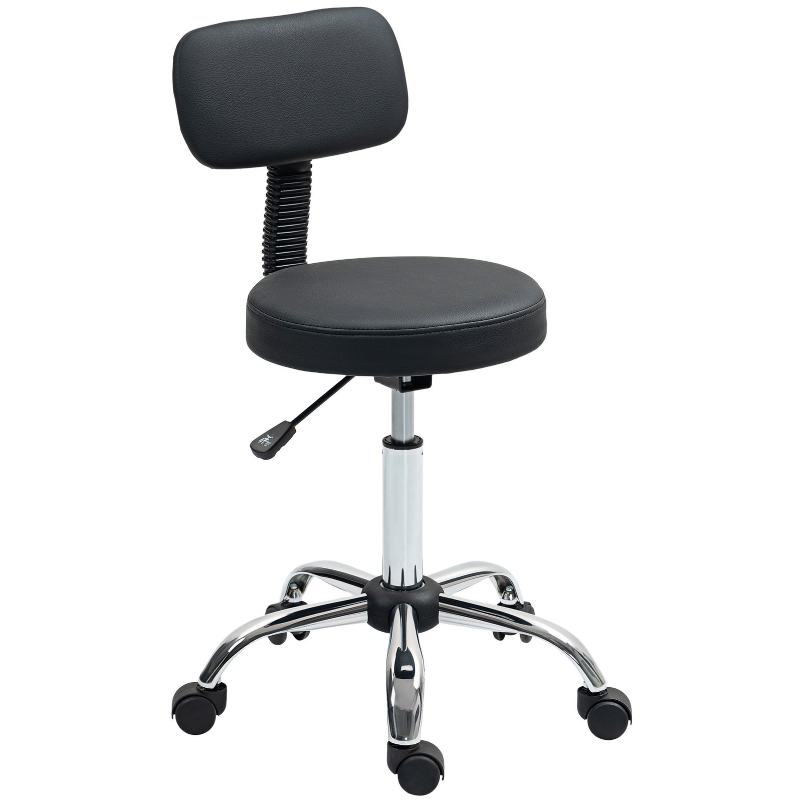 Rolling Stool With Backrest, Wheels Faux Leather Salon Chair | Black