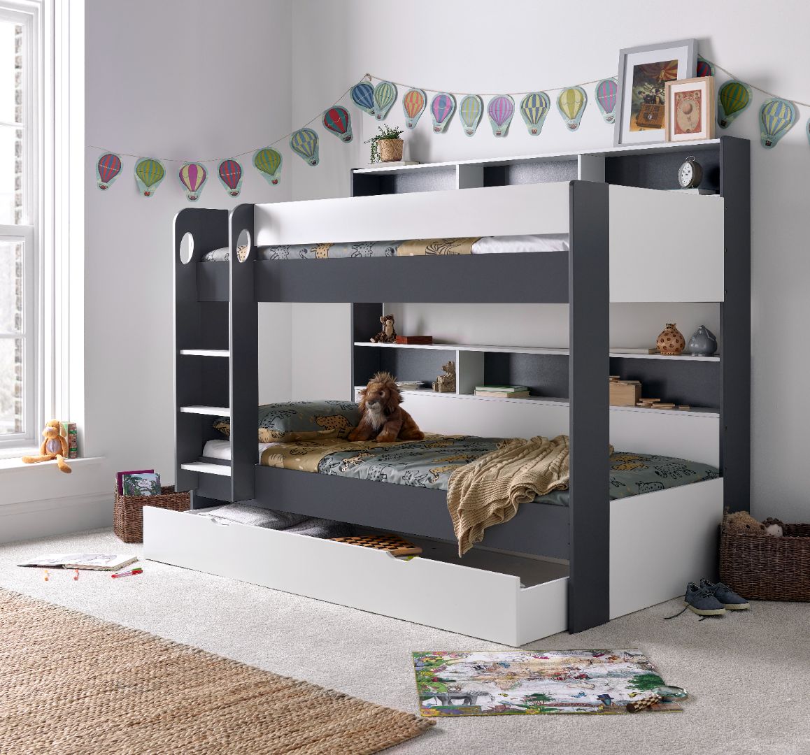 Olly Storage Bunk Bed Without Drawer With Spring Mattresses | Single | Grey