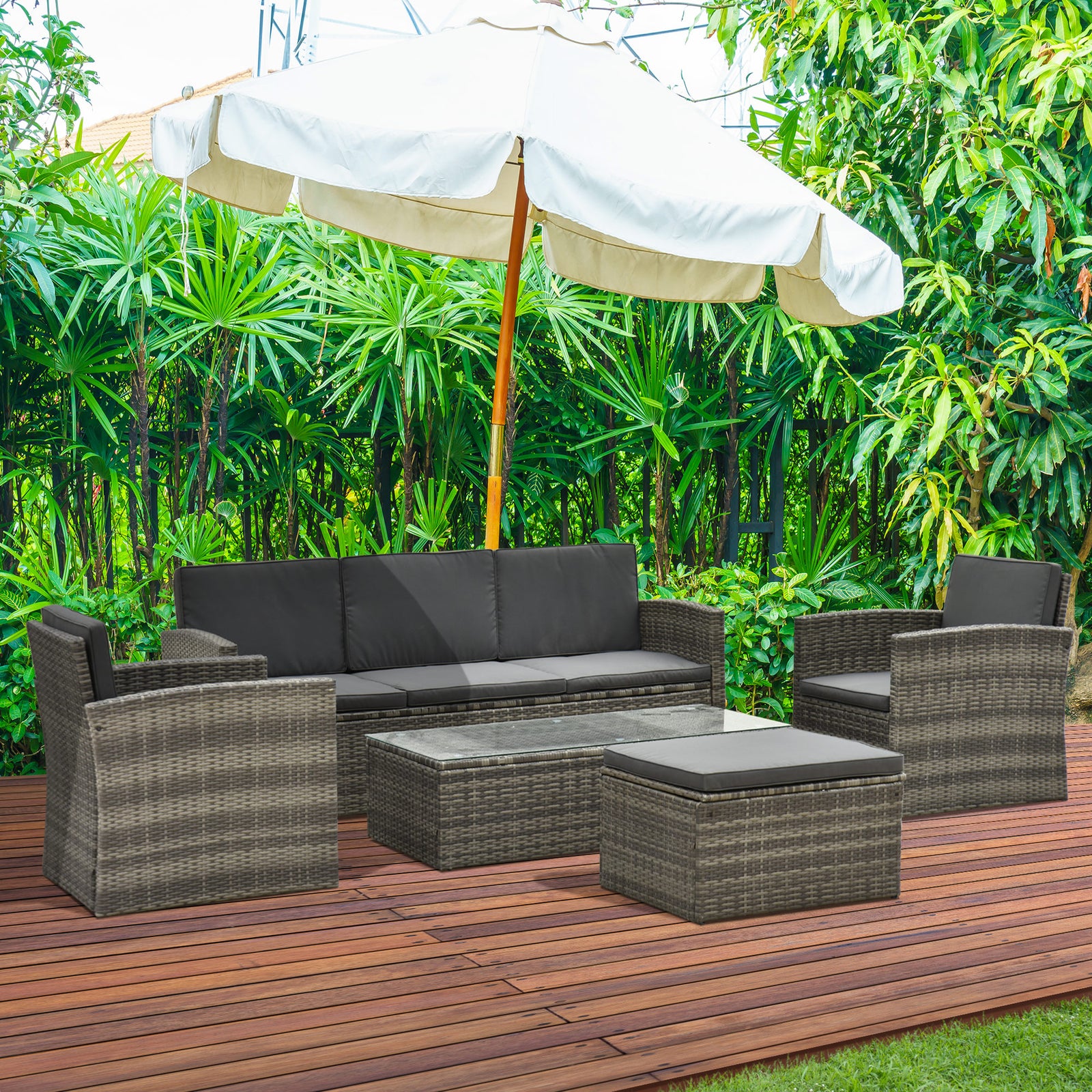 5 Pcs Rattan 3-seater Sofa Single Sofas Footstool