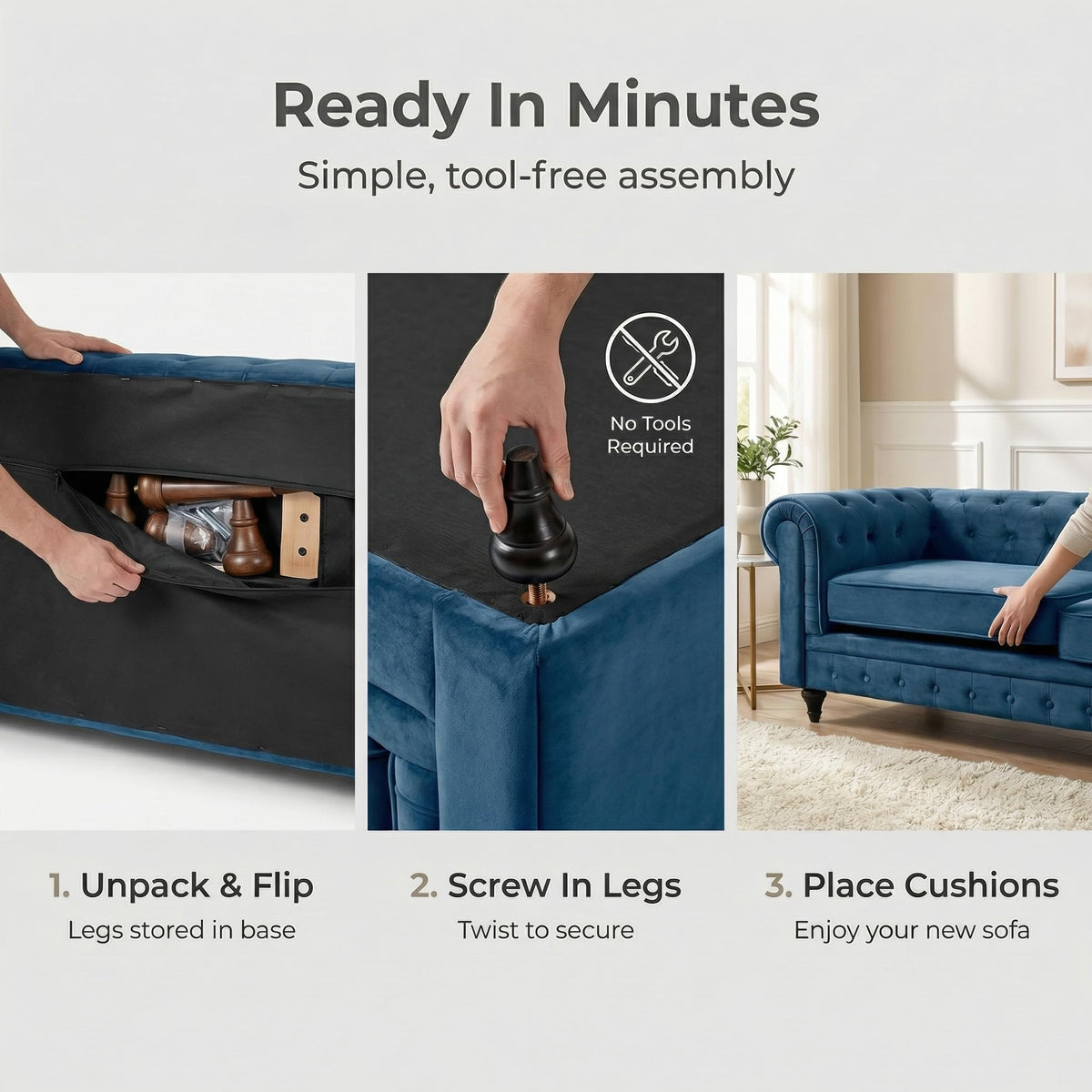 Chesterfield Scroll Arm Velvet Sofa 1 Seater | Navy Blue