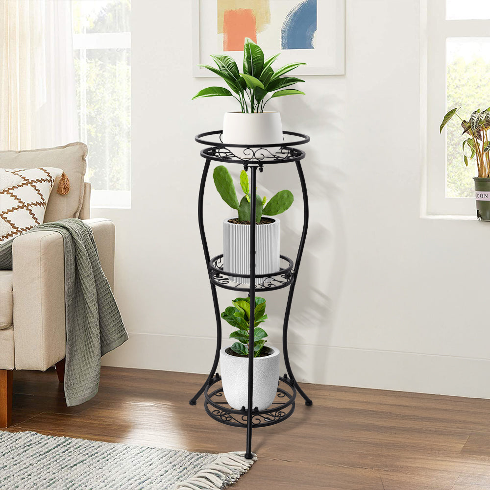 3-tier Black Iron Plant Stand Metal Flower Rack For Indoor & Outdoor Garden Display