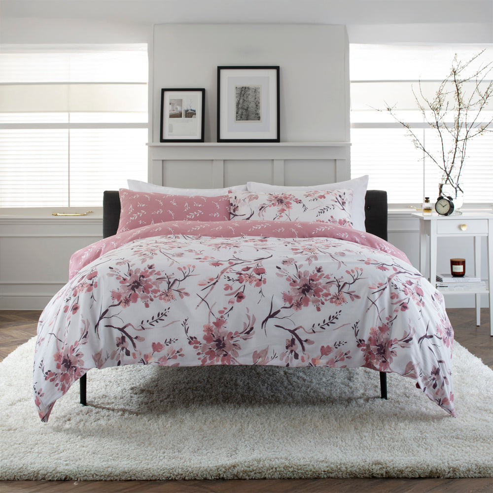 Cherry Blossom Pink Cotton Rich Reversible Duvet Cover Set | Single | Pink