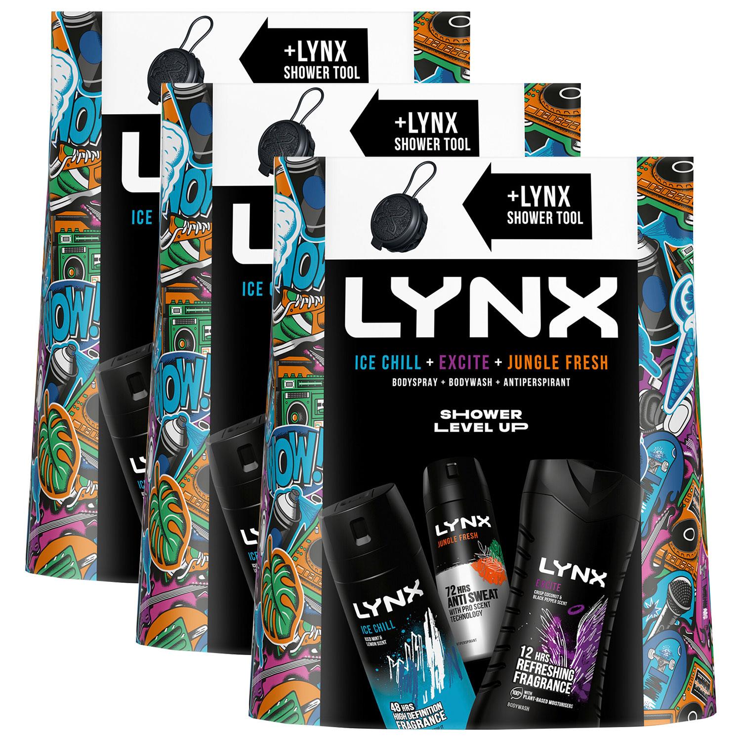 Shower Level Up Ice Chill, Excite,jungle Fresh Gift Set W/ Shower Tool, 3pk