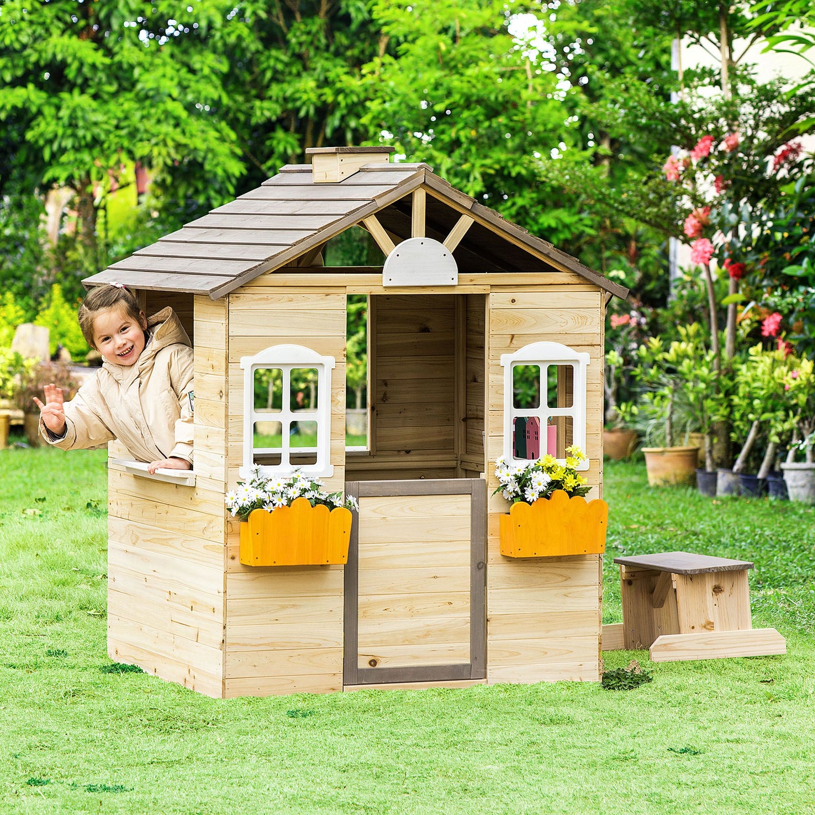 Wooden Kids Playhouse W/ Door, Windows, Bench, For Ages 3-7 Years | Beige