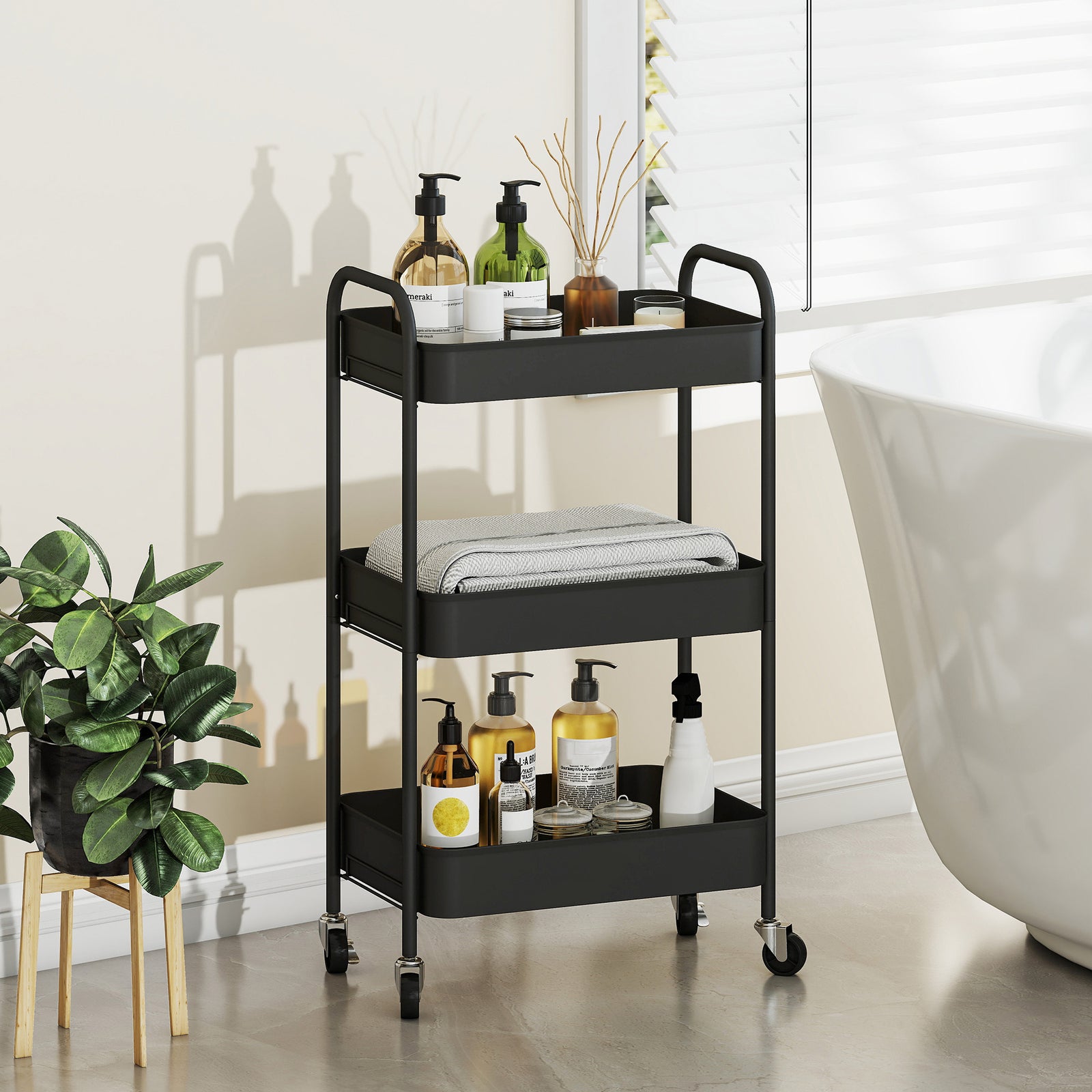 3 Tier Rolling Utility Cart With 3 Mesh Basket | One Size | Black