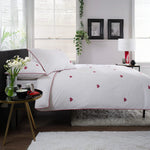 Embroidered Filigree Hearts Duvet Cover Set – 100% Cotton Bedding In White & Red | Single | White