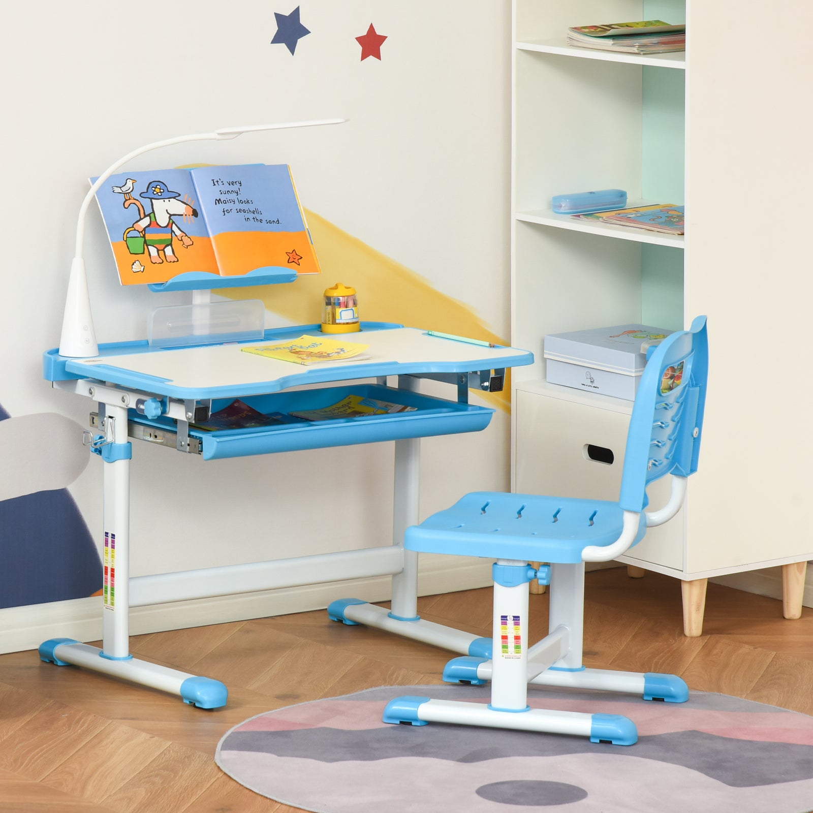 Kids Study Desk And Chair Set W/ Usb Lamp, Adjustable Height | Blue