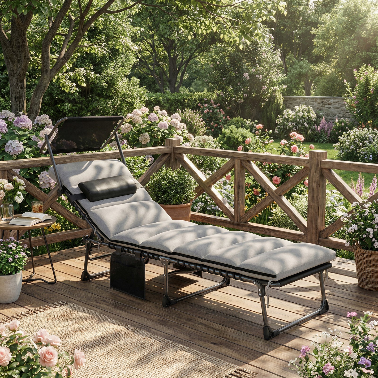 Folding Sun Lounger, Sun Bed With Canopy | Light Grey